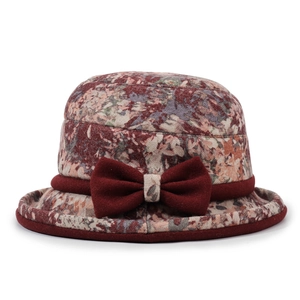 Floral bowl hat for elderly women with burgundy ribbon and plush bow for autumn winter