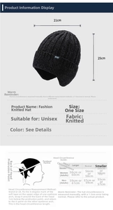 Size guide for men's winter chenille knit hat showing dimensions and head circumference tips