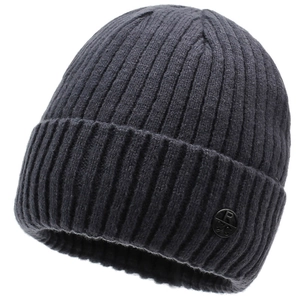 Dark charcoal grey ribbed knit beanie with thermal lining and round metal logo detail