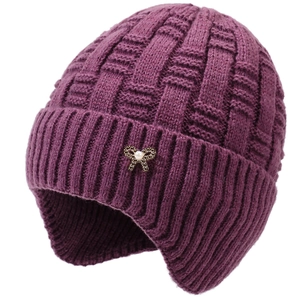 Deep purple winter knit hat for elderly women featuring warm ear protection and pearl bow