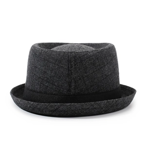 Classic dark grey plaid fedora hat with black decorative band on a white background