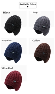 Detailed grid showing 5 colors of men's winter knit earflap hats in chenille fabric