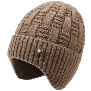 Women's warm knitted earflap hat in coffee brown with pearl butterfly ornament