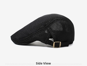 Detail view of black mesh beret cap with adjustable metal buckle and breathable texture