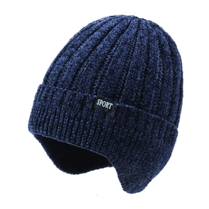 Navy blue men's chenille knit earflap hat with warm fleece lining and sport patch