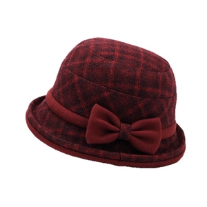 Elegant red plaid wool cloche hat for women featuring a retro bow and rolled brim design