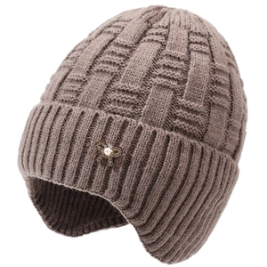 Women's winter knit earflap hat in coffee brown with pearl bow and lattice pattern