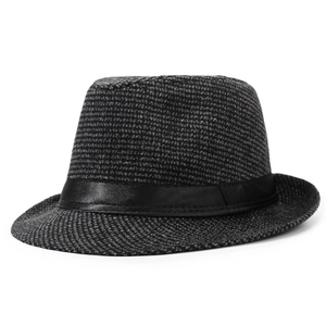 Detail view of the black and gray wool blend fedora hat with a black satin decorative band
