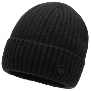 Classic black ribbed knit beanie with cuff and small metal logo for winter warmth
