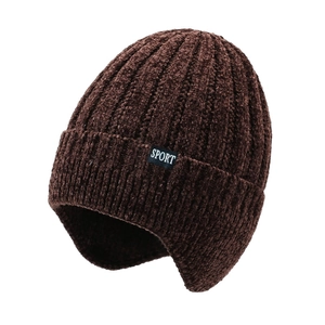 Men's dark brown chenille knit earflap hat with SPORT patch for winter warmth
