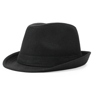 Classic black wool fedora hat with satin ribbon band and indented crown on white background