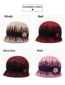 Detailed grid of knitted floral hats in khaki, red, wine red, and pink colors