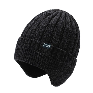 Detail view of black ribbed knit earflap hat with SPORT patch for winter warmth