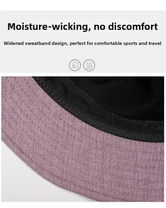 Detail of lilac sun hat featuring a wide black sweatband for moisture wicking comfort