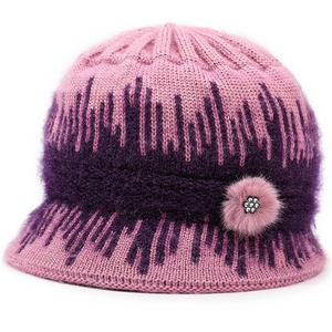 Women Winter Knitted Bucket Hat Thick Warm Fleece Lined Polyester Wool Hat With Pom Pom Rhinestone Flower For Elderly Ladies