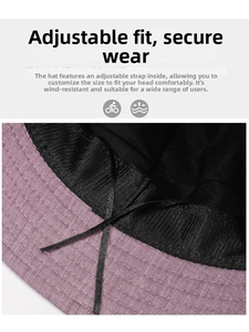 Detail of adjustable inner drawstring and mesh lining on a purple bucket sun hat