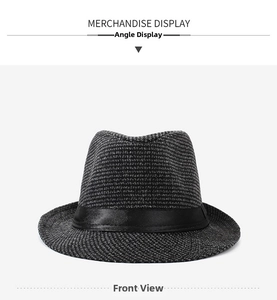 Front view of black and gray woven fedora hat with a black satin decorative band
