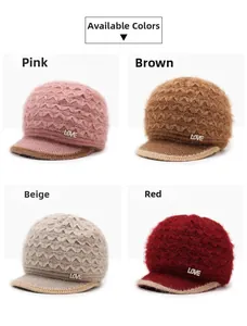 Detail of multi-color knitted winter hats for women with LOVE rhinestone and short brim