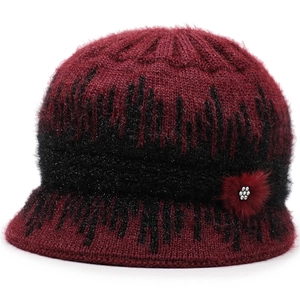 Winter knitted wine red bucket hat for middle-aged women with plush ball and rhinestone flower