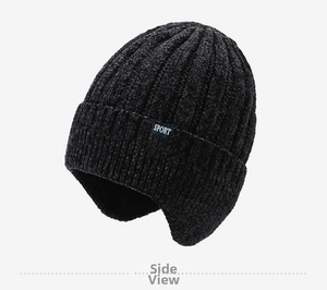 Close-up of black chenille knit hat showing vertical ribbed texture and SPORT label