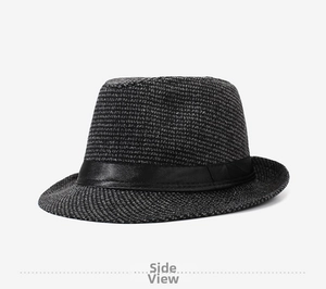 Detail view of the gray textured jazz hat featuring a black satin decorative ribbon