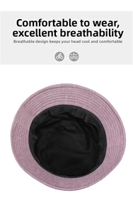 Detail of lilac purple sun hat showing internal black sweatband and breathable lining fabric