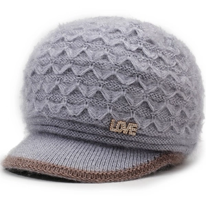 Women's light grey knitted winter hat with visor, pineapple pattern and LOVE rhinestone decoration