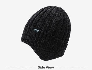 Close-up of black chenille knit hat showing the SPORT label and vertical striped texture