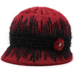 Winter knitted cloche hat for women in red and black with pompom and rhinestone decor