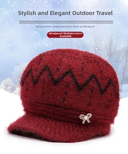 Close-up of red knit hat for women featuring a pearl bow buckle and warm faux fur texture