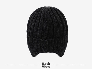 Detailed back view of black knit earflap hat with thick ribbed chenille texture