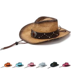 Chapeau de Cowboy de l'Ouest en Paille de Papier Unisexe Large Bord Protection Solaire Vintage Chapeau de Plage Avec Bande en Cuir Rivets Corde Réglable