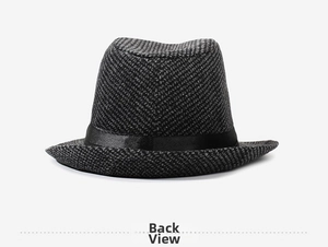 Back view of classic retro jazz fedora hat with black satin band and tweed texture