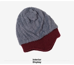 Detail view of thickened grey faux fur lining for elderly women winter knitted earflap hat