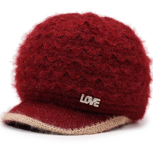 Women Winter Warm Knit Hat With Brim Thickened Double Layer Polyester Beanie Rhinestone LOVE Decor Mother Grandma Casual Outdoor