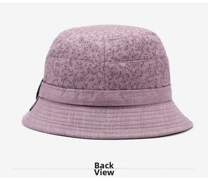 Detail view of purple bucket hat with floral crown and stitched brim shown from the back