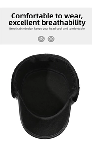 Detailed view of the warm interior lining and windproof ear flaps on a black winter flat cap