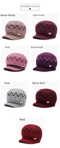Detailed grid view of winter knit hats with ear protection in seven different colors