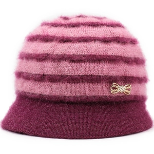 Cappello bucket in maglia a righe bordeaux e rosa con dettaglio fiocco di cristalli