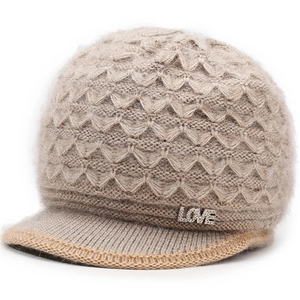 Elegant khaki winter knit beanie for women with soft faux fur texture and rhinestone LOVE badge