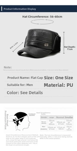 Size guide for men's PU leather flat top cap with earflaps, measuring 56-60cm circumference