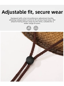 Détail de la jugulaire réglable avec cordon sur chapeau de cowboy en paille tressée brune