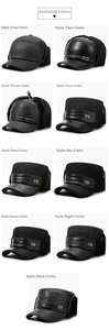 Collage of nine men's winter flat caps and baseball hats with ear flaps in black and grey