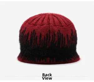 Back view of thick knit winter hat for women with red and black mohair texture