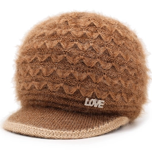 Winter brown knitted hat for women featuring a short brim and sparkling LOVE rhinestone decor