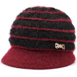 Cappello a secchiello in maglia a righe bordeaux e nere con fiocco dorato di strass