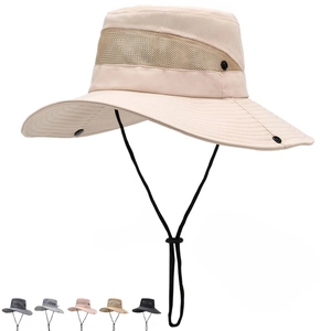 Detail of wide-brim sun hat featuring breathable mesh windows and adjustable chin strap