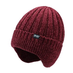 Burgundy chenille knit earflap beanie with Sport label for men's winter warmth