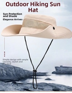 Detail of breathable mesh layer and adjustable chin strap on beige outdoor sun hat