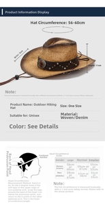Guide des tailles pour chapeau de cowboy: tour de tête 56-60cm et bord de 9cm de largeur